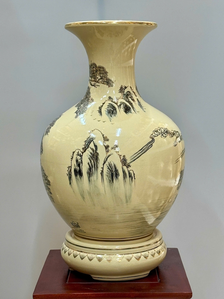 Bình Phú Quý Hoạ Tiết Tùng Hạc Cao 52cm Gốm Chu Đậu Vẽ Vàng