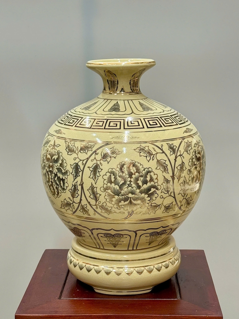 Bình Hút Lộc Hoa Phù Dung Cao 36cm Gốm Chu Đậu Vẽ Vàng