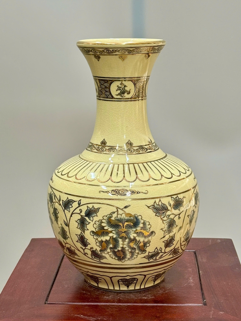 Bình Phú Quý Hoa Phù Dung Cao 30cm Gốm Chu Đậu Vẽ Vàng