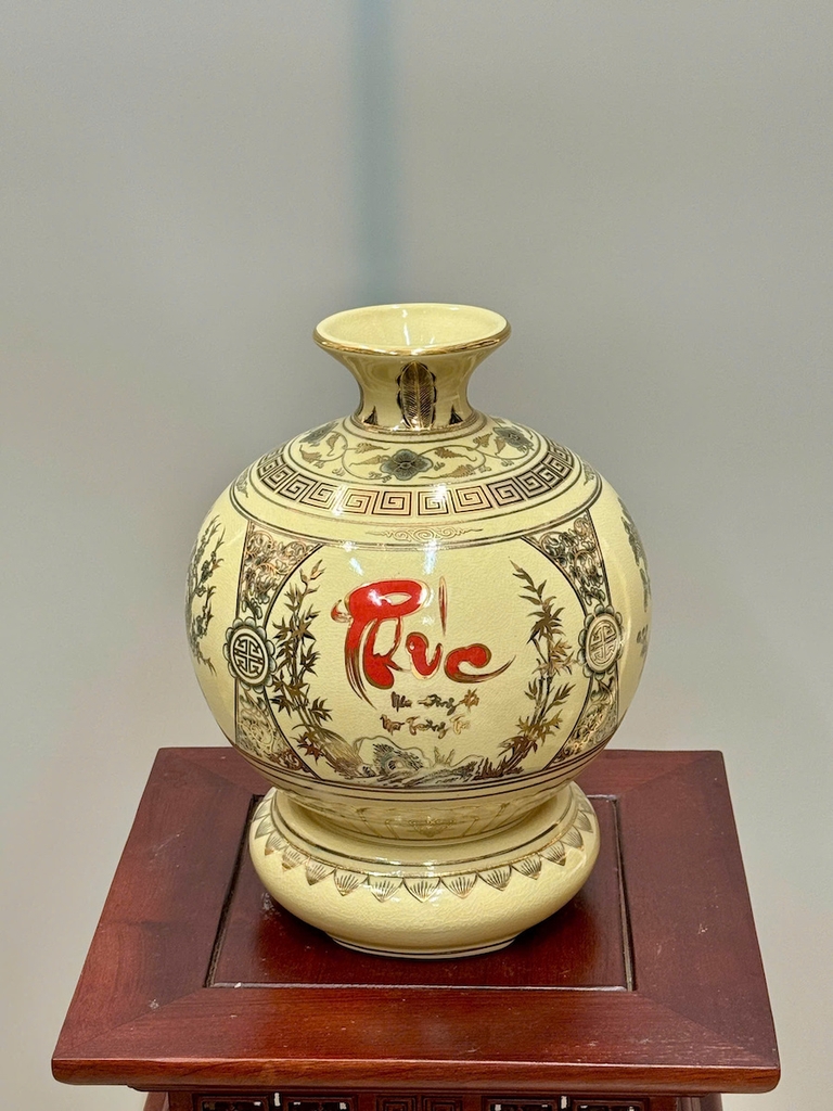 Bình Hút Lộc Tứ Cảnh Chữ Phúc Cao 27cm Gốm Chu Đậu Vẽ Vàng