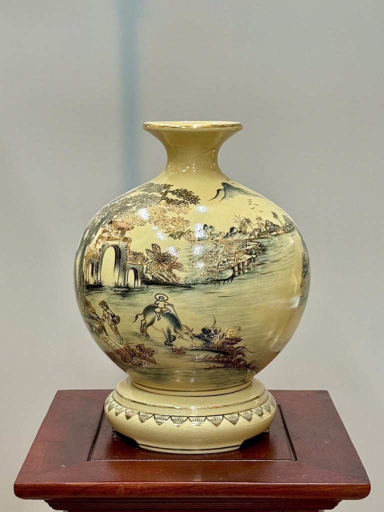 Bình Hút Lộc Phong Cảnh Quê Hương Cao 29cm Gốm Chu Đậu Vẽ Vàng