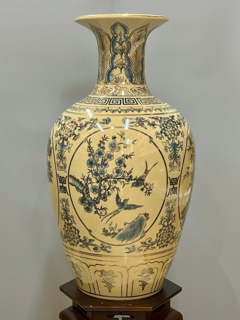 Bảo Bình Hoạ Tiết Tứ Cảnh Cao 80cm Xanh Coban Vẽ Vàng