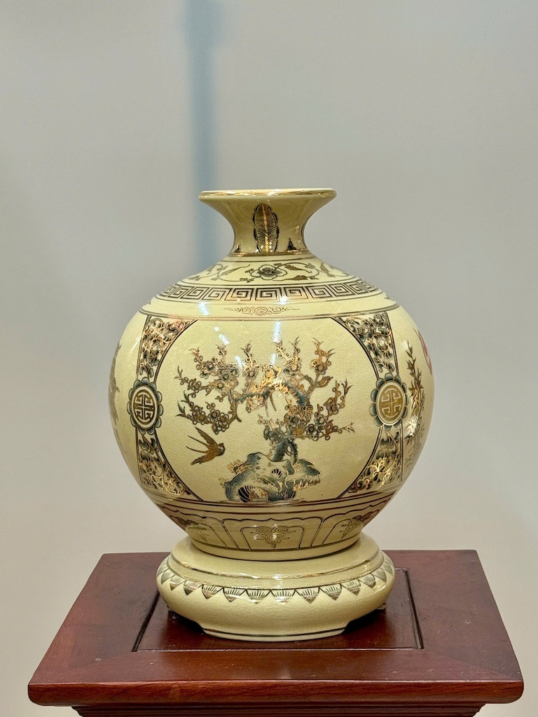 Bình Hút Lộc Tứ Cảnh Chữ Bình An Cao 29cm Gốm Chu Đậu Vẽ Vàng