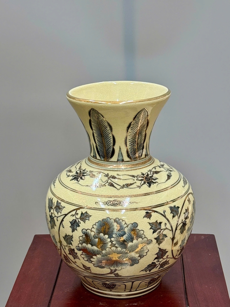 Bình Trường Phúc Hoa Phù Dung Cao 28cm Gốm Chu Đậu Vẽ Vàng