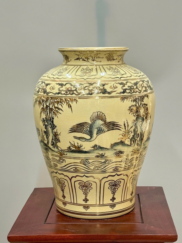 Bình Thiên Nga Cao 33cm Gốm Chu Đậu Vẽ Vàng