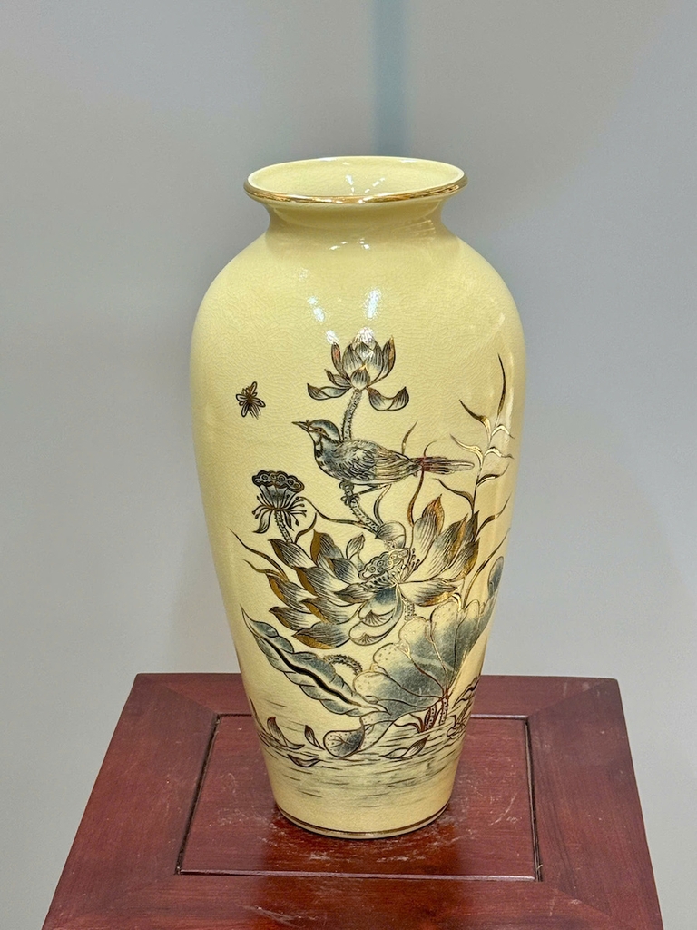 Bình Như Ý Hoa Sen Cao 35cm Gốm Chu Đậu Vẽ Vàng