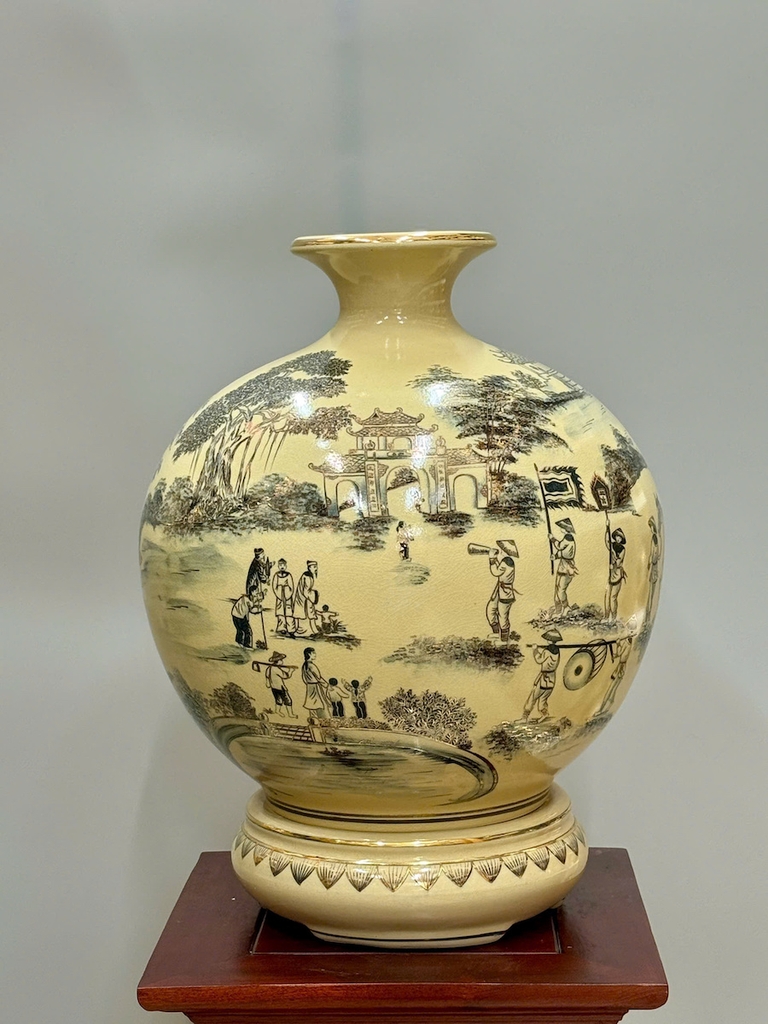 Bình Hút Lộc Vình Quy Bái Tổ Cao 42cm Gốm Chu Đậu Vẽ Vàng