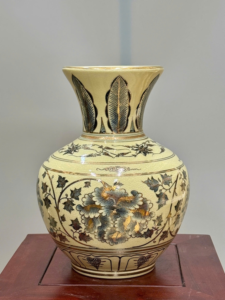 Bình Trường Phúc Hoa Phù Dung Cao 28cm Gốm Chu Đậu Vẽ Vàng