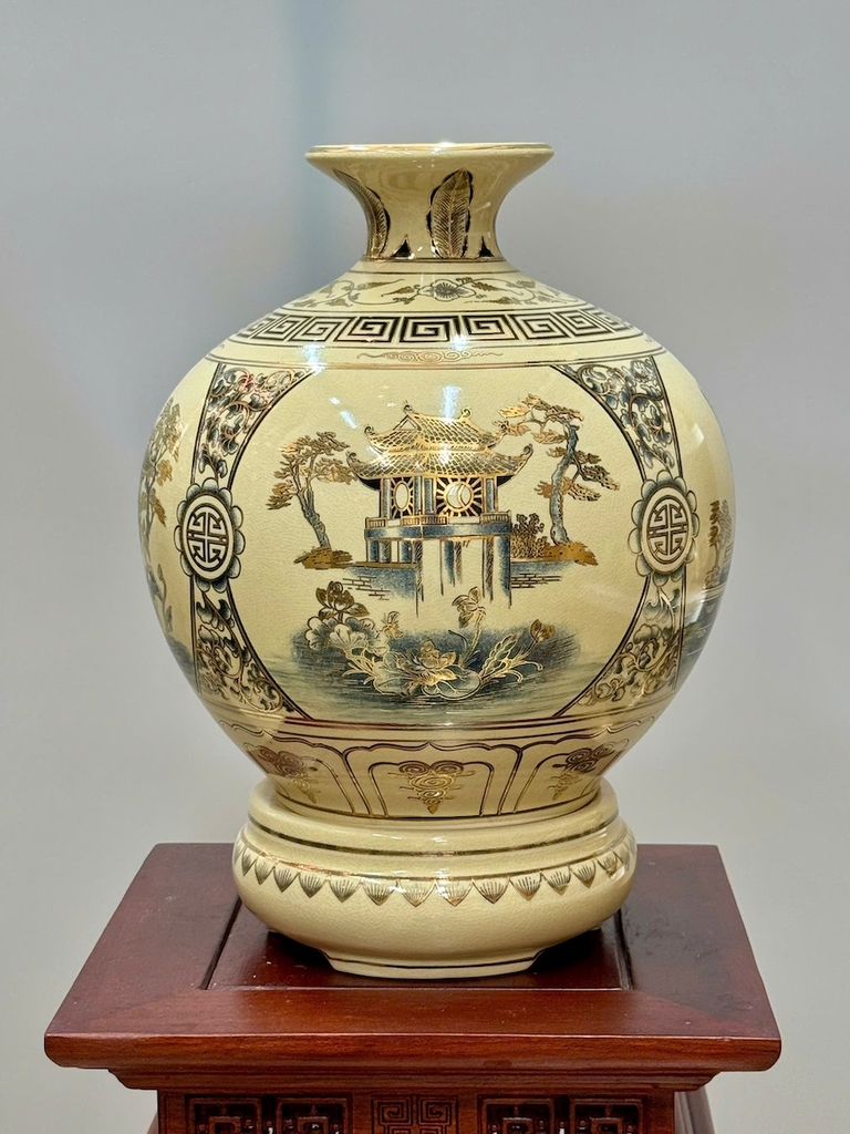 Bình Hút Lộc Tứ Cảnh Hà Nội Cao 36cm Gốm Chu Đậu Vẽ Vàng