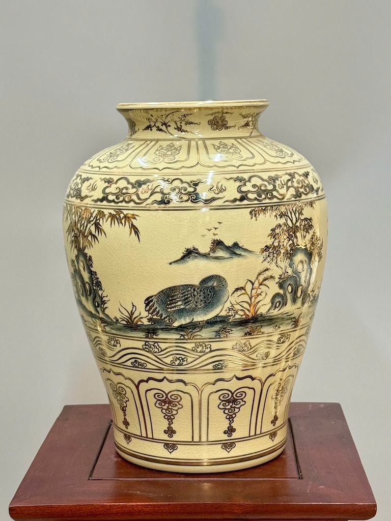 Bình Thiên Nga Cao 33cm Gốm Chu Đậu Vẽ Vàng