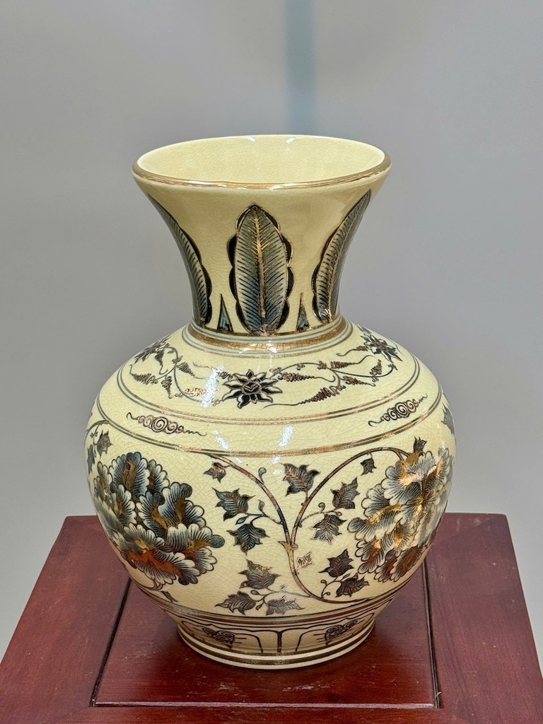 Bình Trường Phúc Hoa Phù Dung Cao 28cm Gốm Chu Đậu Vẽ Vàng