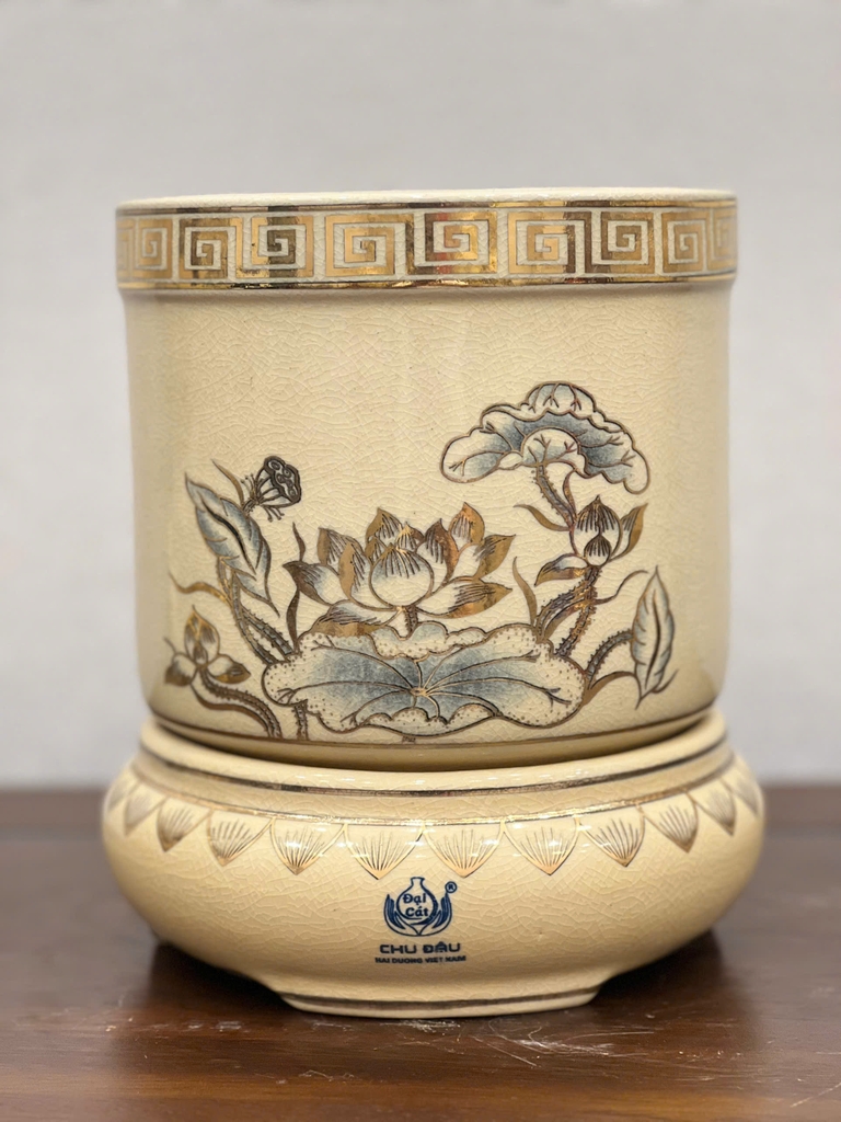 Bát Hương F24 Hoạ Tiết Hoa Sen Vẽ Vàng 24K