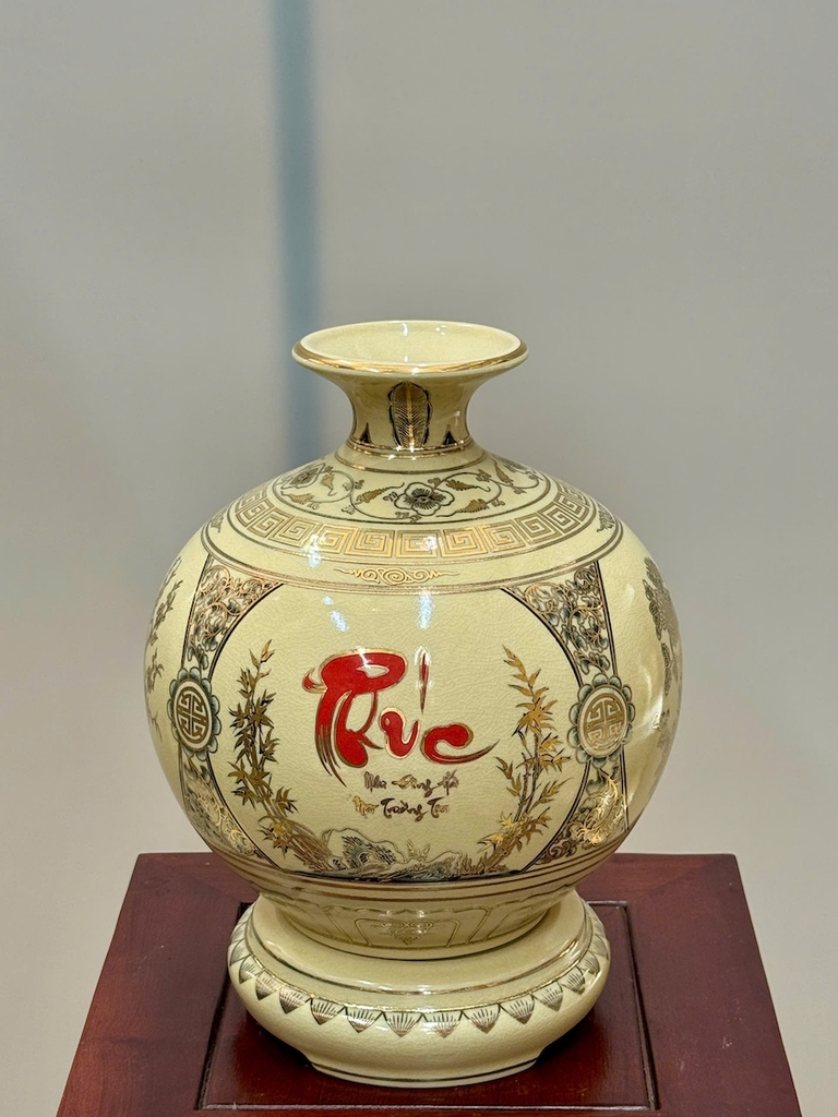 Bình Hút Lộc Tứ Cảnh Chữ Phúc Cao 29cm Gốm Chu Đậu Vẽ Vàng