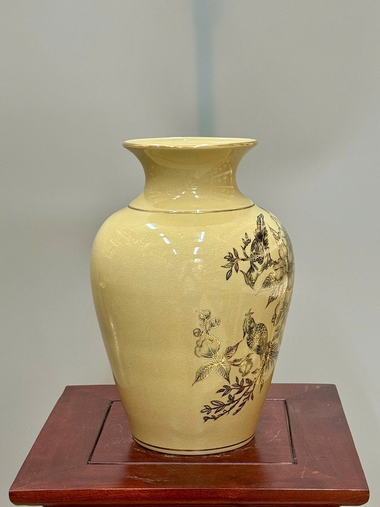 Bình Thiên Hương Cao 28cm Chim Hoa Lựu Gốm Chu Đậu Vẽ Vàng