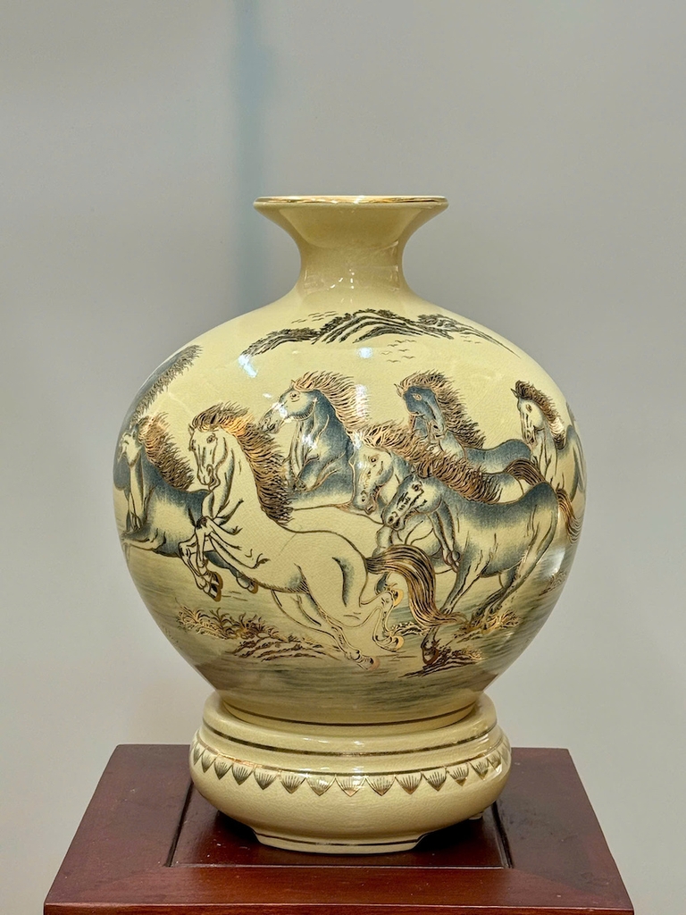 Bình Hút Lộc Mã Đáo Thành Công Cao 36cm Gốm Chu Đậu Vẽ Vàng