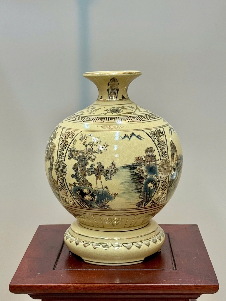 Bình Hút Lộc Tứ Cảnh Sơn Thuỷ Cao 29cm Gốm Chu Đậu Vẽ Vàng