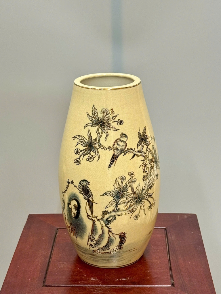 Bình Hoa Thiên Kim Cao 28cm Chim Hoa  Gốm Chu Đậu Vẽ Vàng