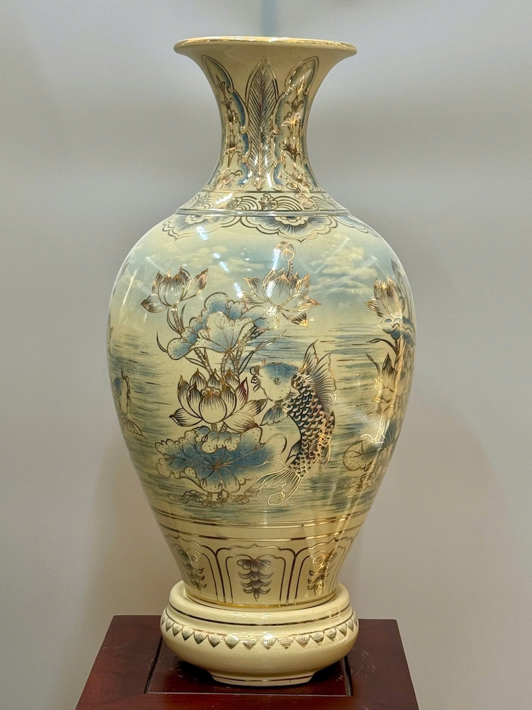 Bảo Bình Cá Chép Hoa Sen Cao 65cm Xanh Coban 3D Vẽ Vàng