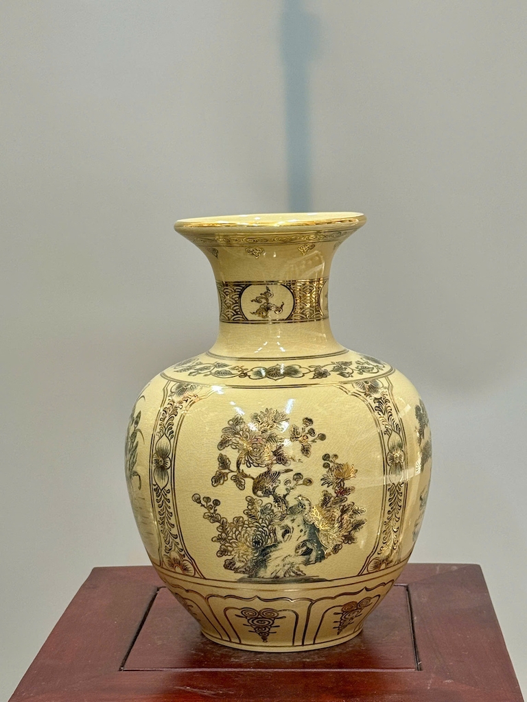 Bình Bảo Châu Tứ Cảnh Cao 28cm Gốm Chu Đậu Vẽ Vàng