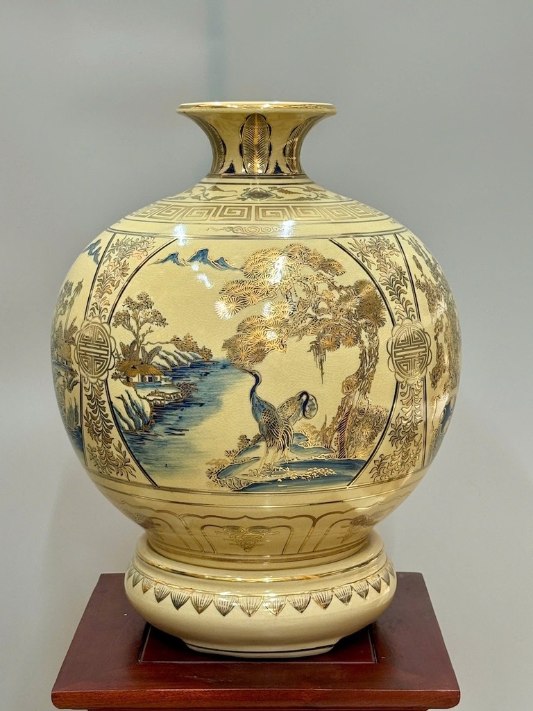 Bình Hút Lộc Tứ Cảnh Sơn Thuỷ Xanh CoBan Cao 42cm Gốm Vẽ Vàng