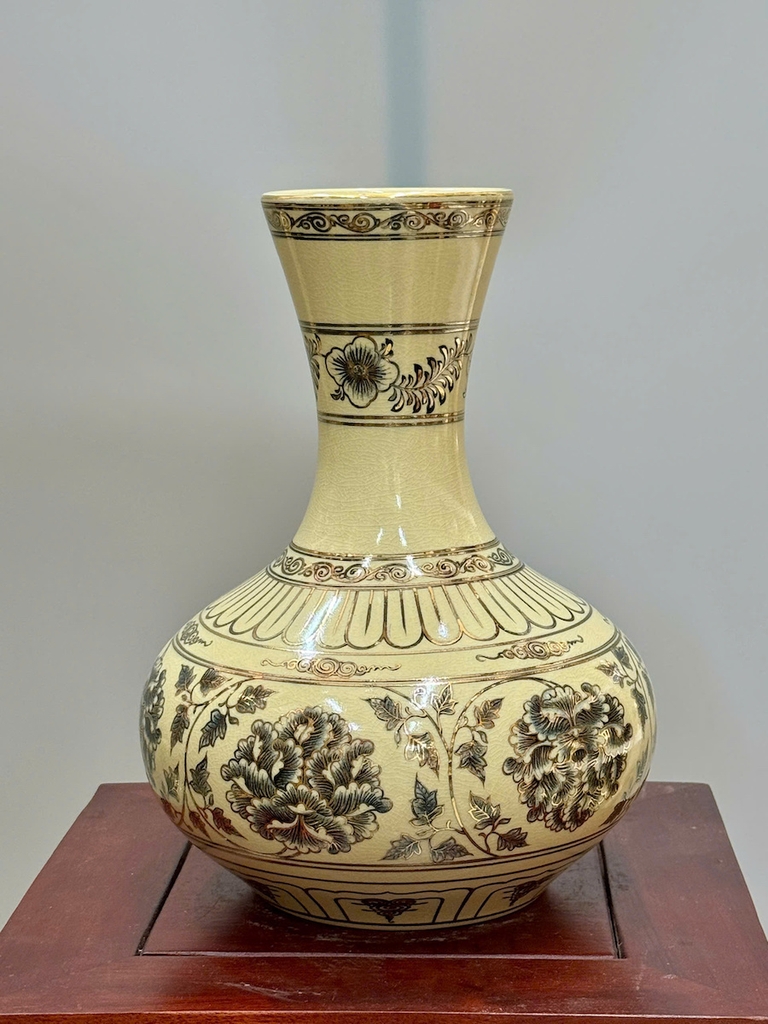 Bình Hoa Cúc Quân Tử Cao 28cm Gốm Chu Đậu Vẽ Vàng