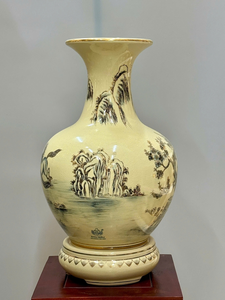 Bình Phú Quý Hoạ Tiết Bát Mã Cao 52cm Gốm Chu Đậu Vẽ Vàng