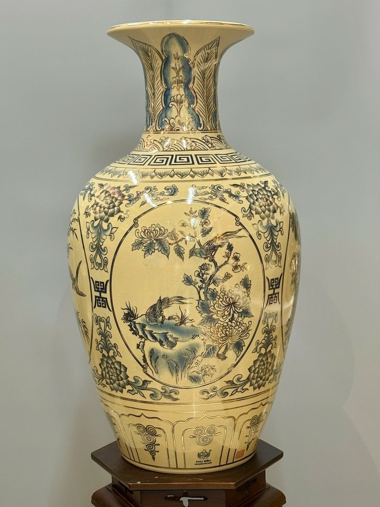 Bảo Bình Hoạ Tiết Tứ Cảnh Cao 80cm Xanh Coban Vẽ Vàng