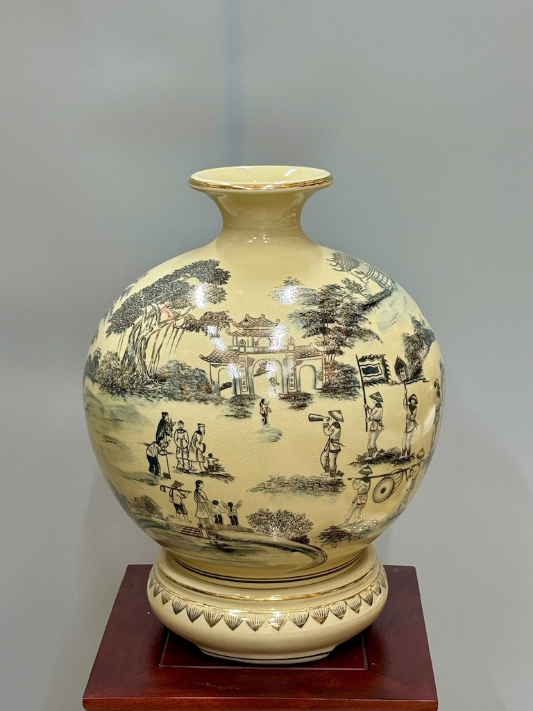 Bình Hút Lộc Vình Quy Bái Tổ Cao 42cm Gốm Chu Đậu Vẽ Vàng