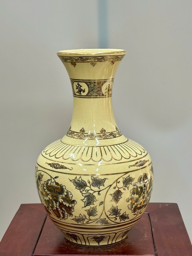 Bình Phú Quý Hoa Phù Dung Cao 30cm Gốm Chu Đậu Vẽ Vàng