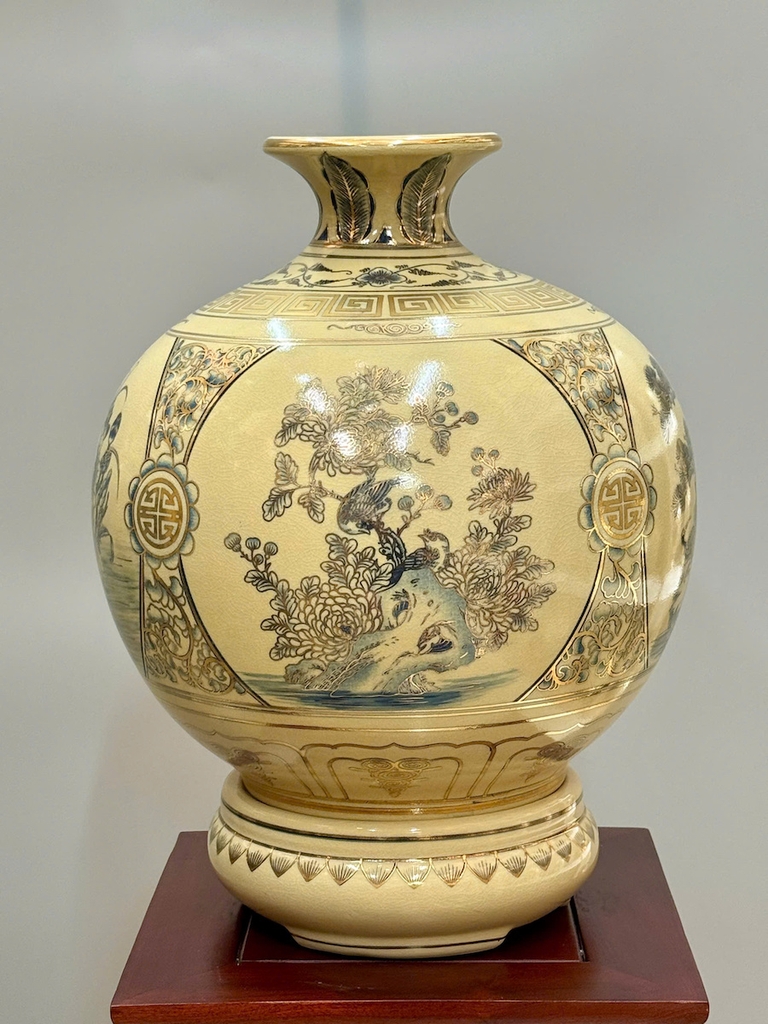 Bình Tài Lộc Tứ Cảnh Bốn Mùa Xanh Coban Cao 42cm Gốm Chu Đậu Vẽ Vàng