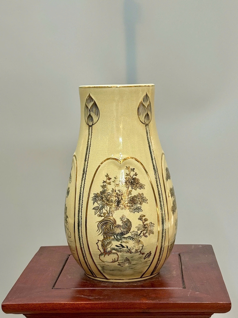 Bình Hoa Búp Sen Tứ Cảnh Cao 28cm Gốm Chu Đậu Vẽ Vàng