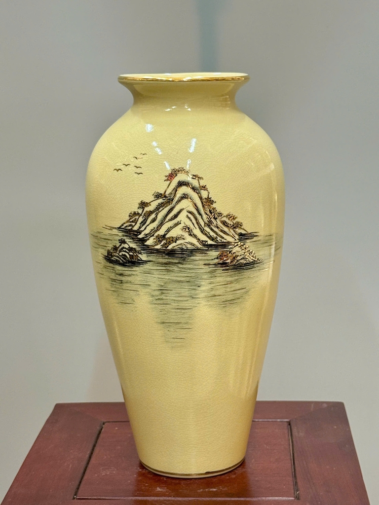 Bình Hoa Như Ý Chim Đào Cao 35cm Gốm Chu Đậu Vẽ Vàng