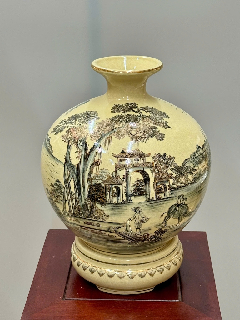 Bình Hút Lộc Hoạ Tiết Làng Quê Cao 36cm Gốm Chu Đậu Vẽ Vàng