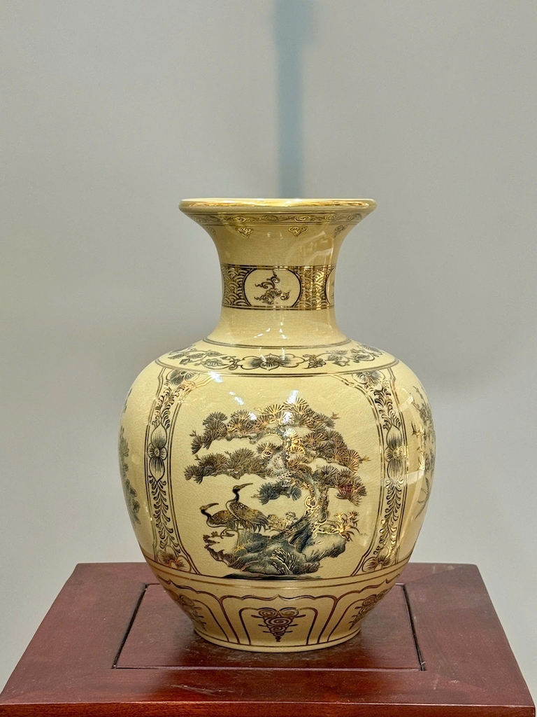 Bình Bảo Châu Tứ Cảnh Cao 28cm Gốm Chu Đậu Vẽ Vàng