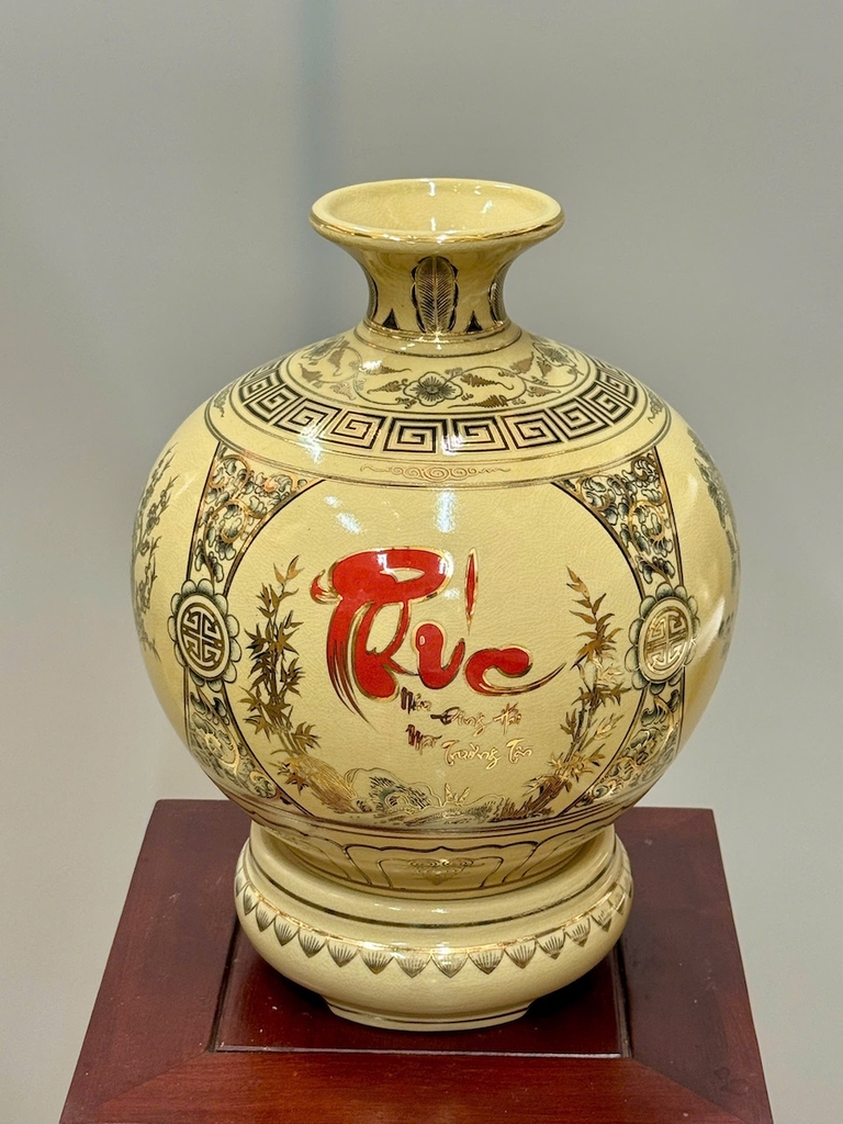 Bình Hút Lộc Tứ Cảnh Chữ Phúc Cao 36cm Gốm Chu Đâu Vẽ Vàng