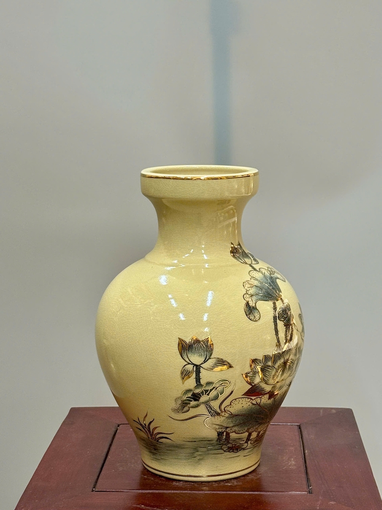 Bình Trạng Nguyên Hoa Sen Cao 28cm Gốm Vẽ Vàng