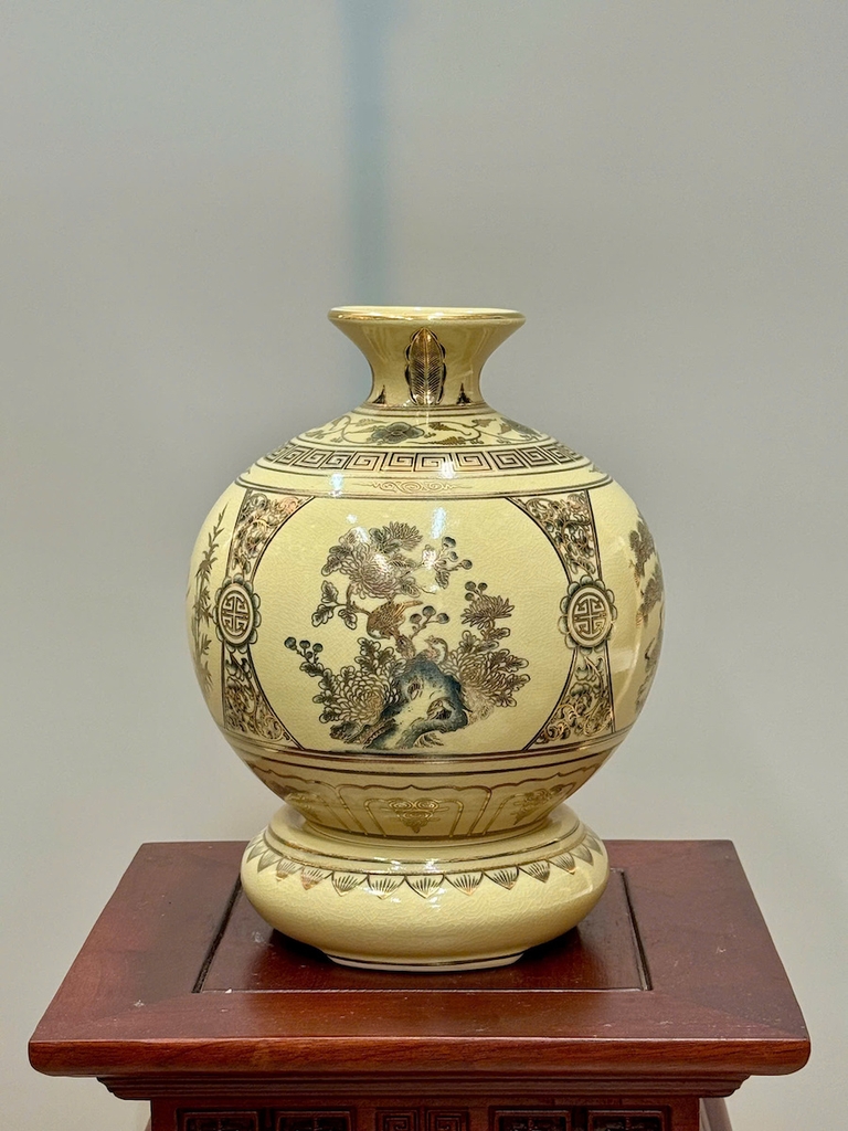 Bình Hút Lộc Tứ Cảnh Chữ Phúc Cao 27cm Gốm Chu Đậu Vẽ Vàng