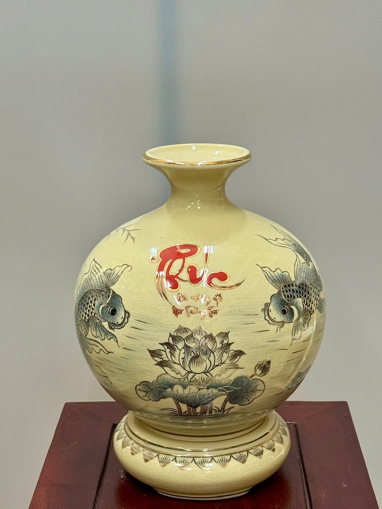 Bình Hút Lộc Chép Sen Chữ Phúc Cao 27cm Gốm Chu Đậu Vẽ Vàng