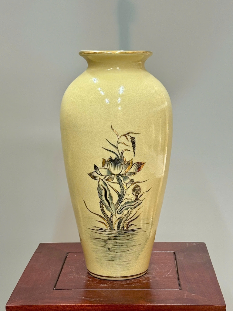 Bình Như Ý Hoa Sen Cao 35cm Gốm Chu Đậu Vẽ Vàng