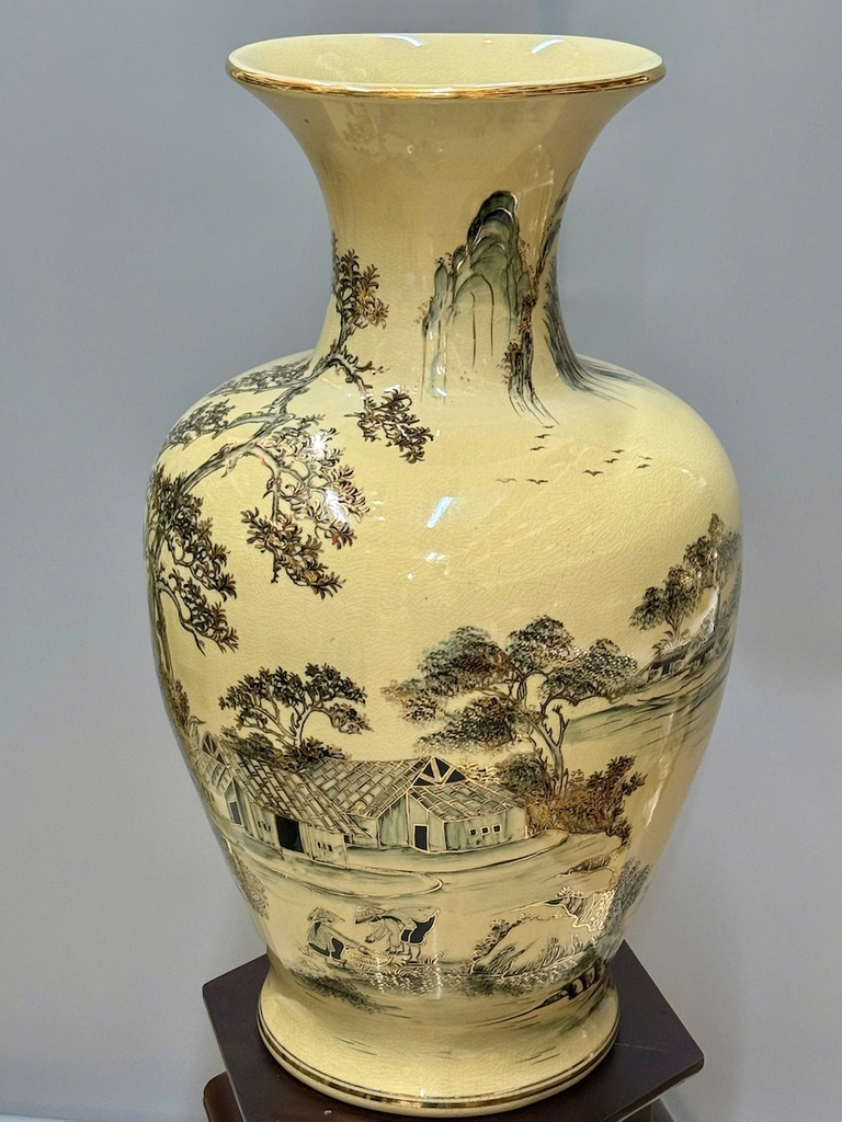 Bình Đại Phúc Cảnh Làng Quê Cao 66cm Gốm Chu Đậu Vẽ Vàng