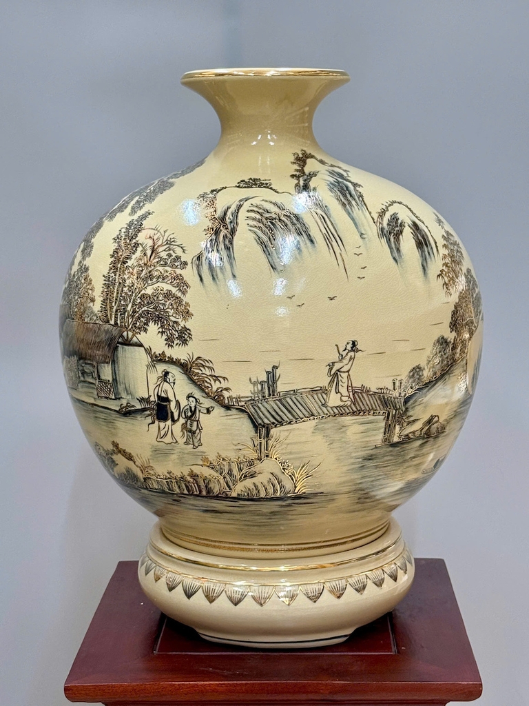 Bình Hút Lộc Hoạ Tiết Sơn Thuỷ Hữu Tình Cao 42cm Gốm Chu Đậu Vẽ Vàng