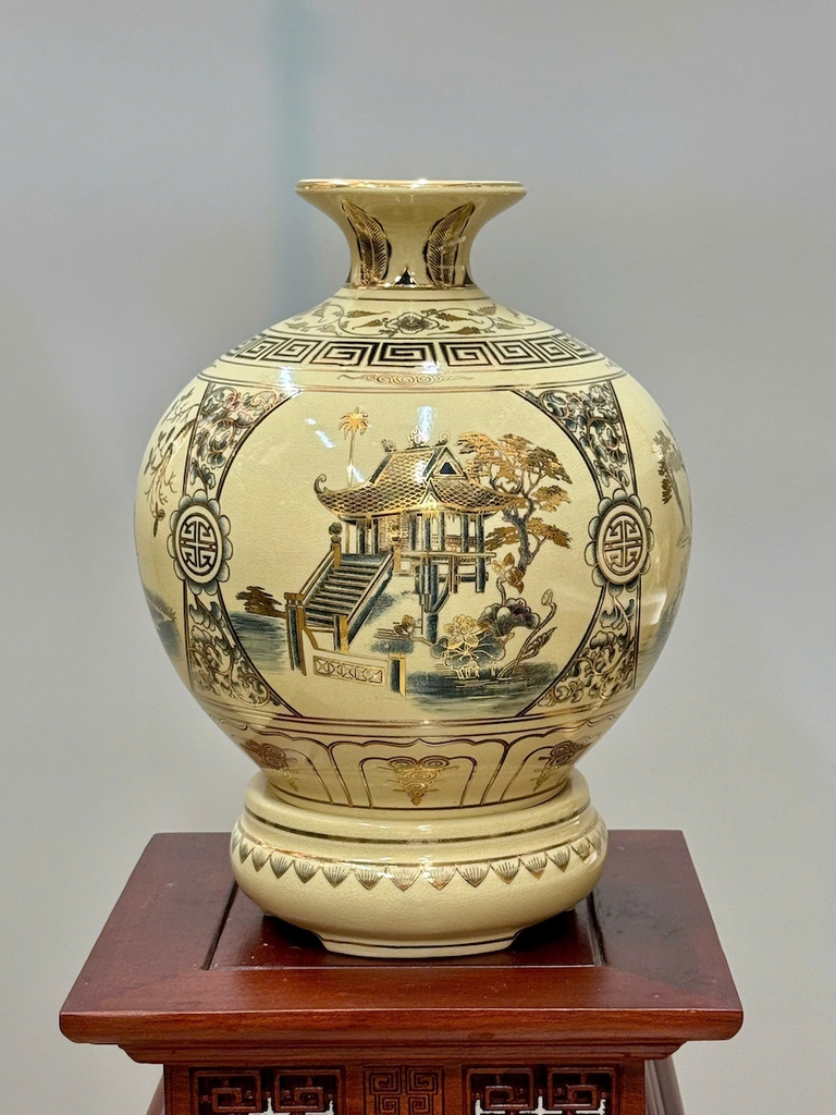 Bình Hút Lộc Tứ Cảnh Hà Nội Cao 36cm Gốm Chu Đậu Vẽ Vàng