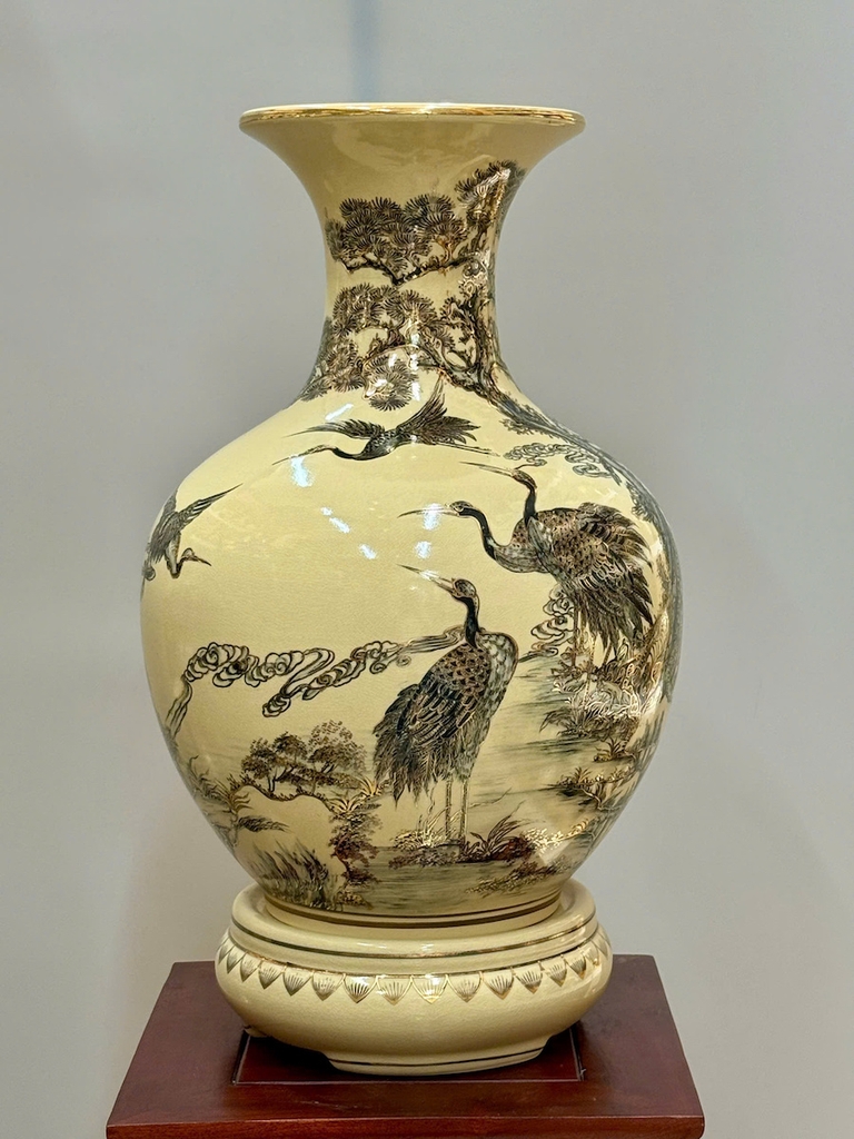 Bình Phú Quý Hoạ Tiết Tùng Hạc Cao 52cm Gốm Chu Đậu Vẽ Vàng