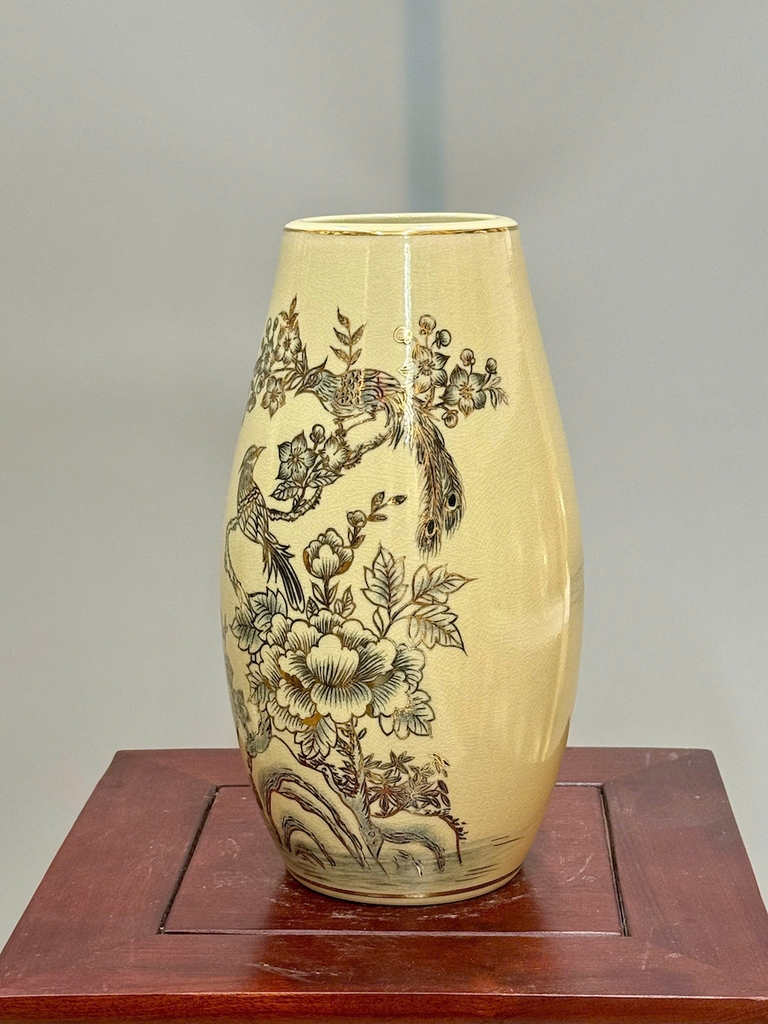 Bình Thiên Kim Chim Đào H28 Gốm Chu Đậu Vẽ Vàng