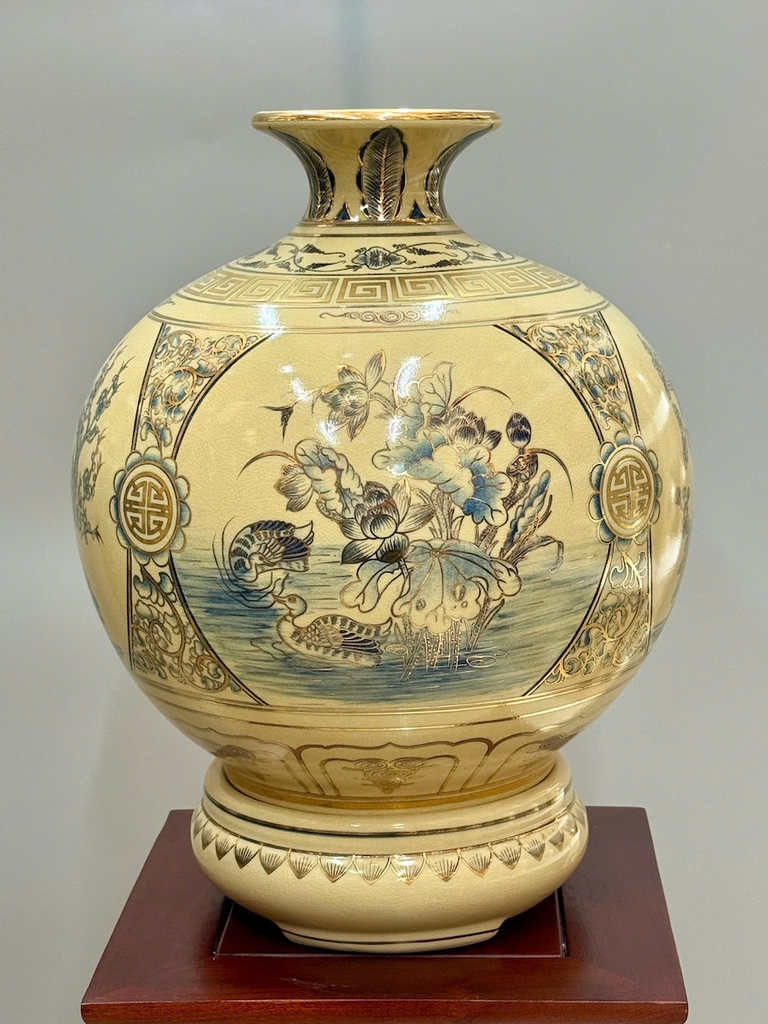 Bình Tài Lộc Tứ Cảnh Bốn Mùa Xanh Coban Cao 42cm Gốm Chu Đậu Vẽ Vàng