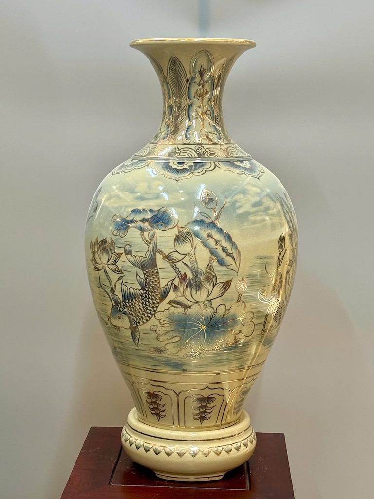 Bảo Bình Cá Chép Hoa Sen Cao 65cm Xanh Coban 3D Vẽ Vàng