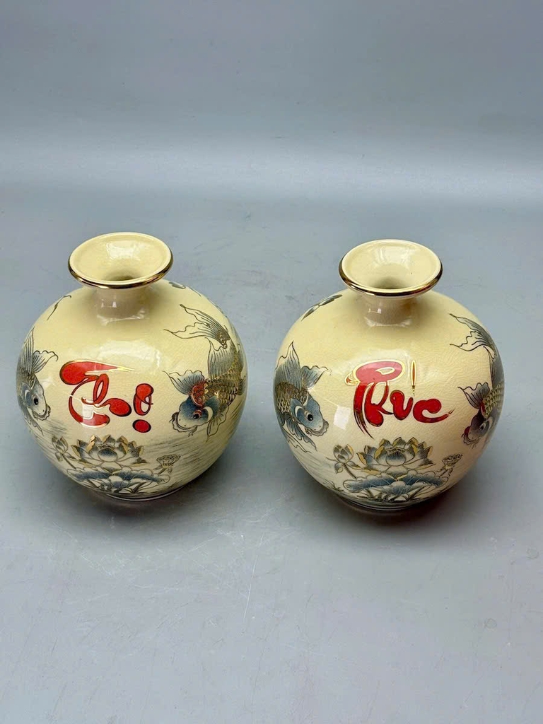 Cặp Bình Hút Lộc Chép Sen chữ PHÚC THỌ H23 vẽ vàng 24K