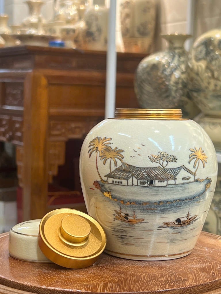 Hộp Đựng Trà H13 Đồng Quê vẽ vàng