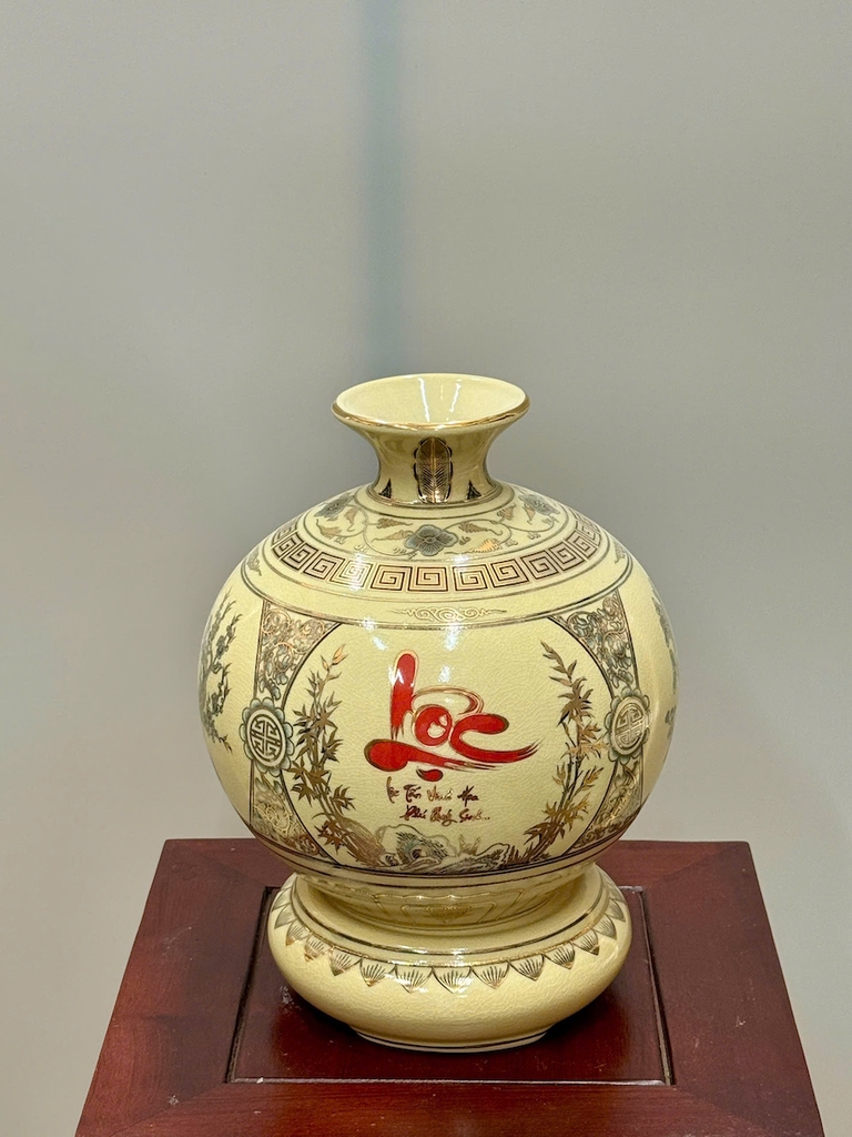 Bình Hút Lộc Tứ Cảnh Chữ Lộc Cao 27cm Gốm Chu Đậu Vẽ Vàng