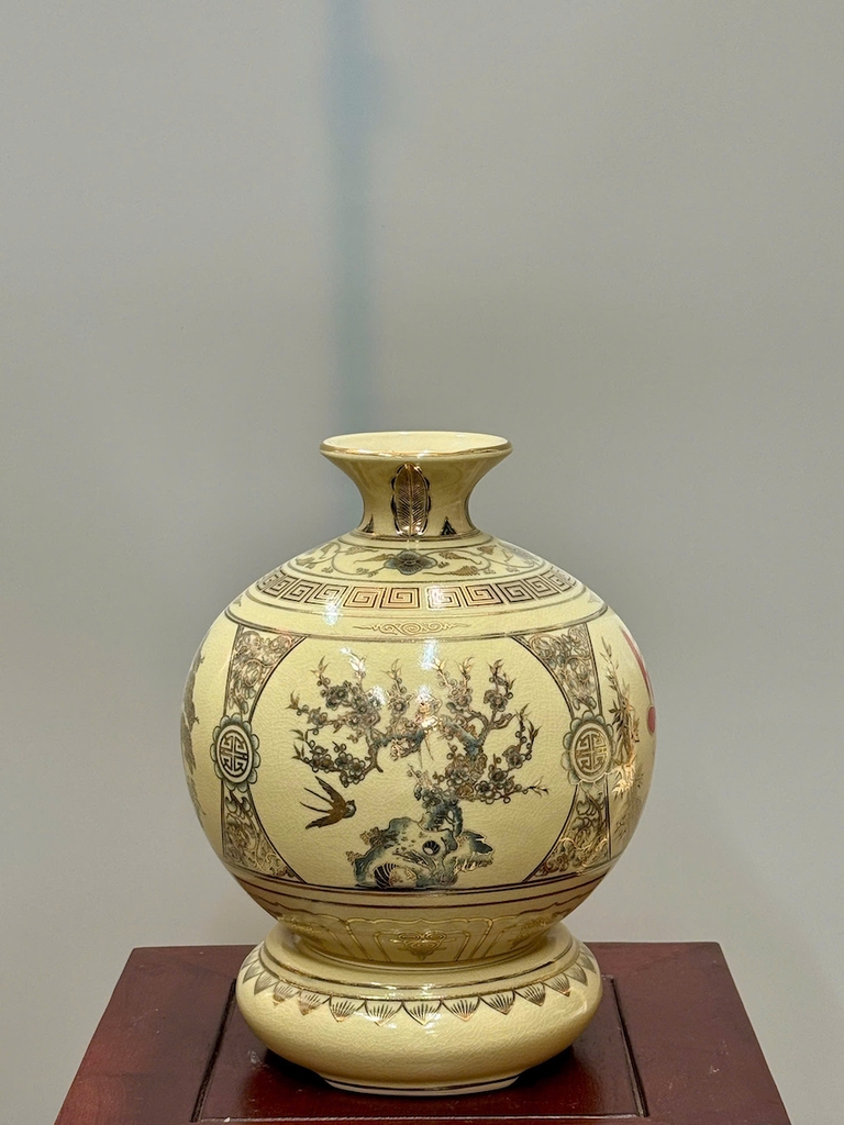 Bình Hút Lộc Tứ Cảnh Chữ Lộc Cao 27cm Gốm Chu Đậu Vẽ Vàng